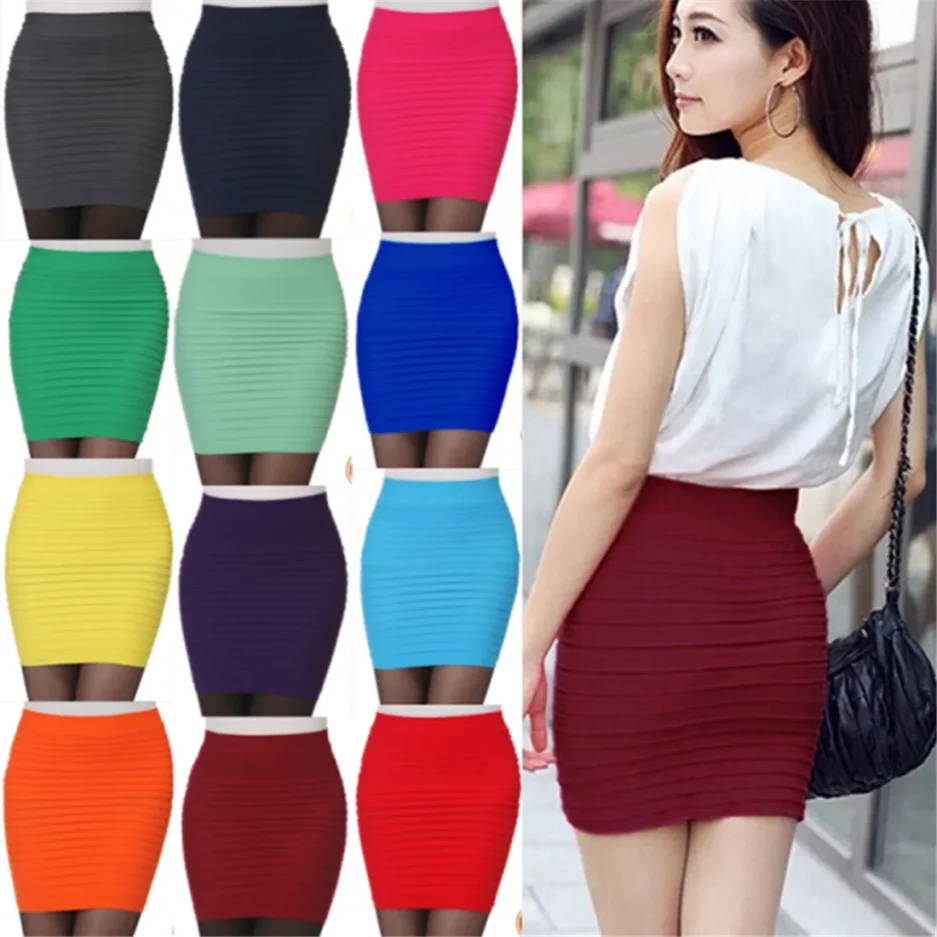 Summer Women High Waist Skirt Solid Color Elastic Pleated Skirt For Office Lady Draped Slim Mini Skirt Sexy Lady Pencil Skirts - Image 3