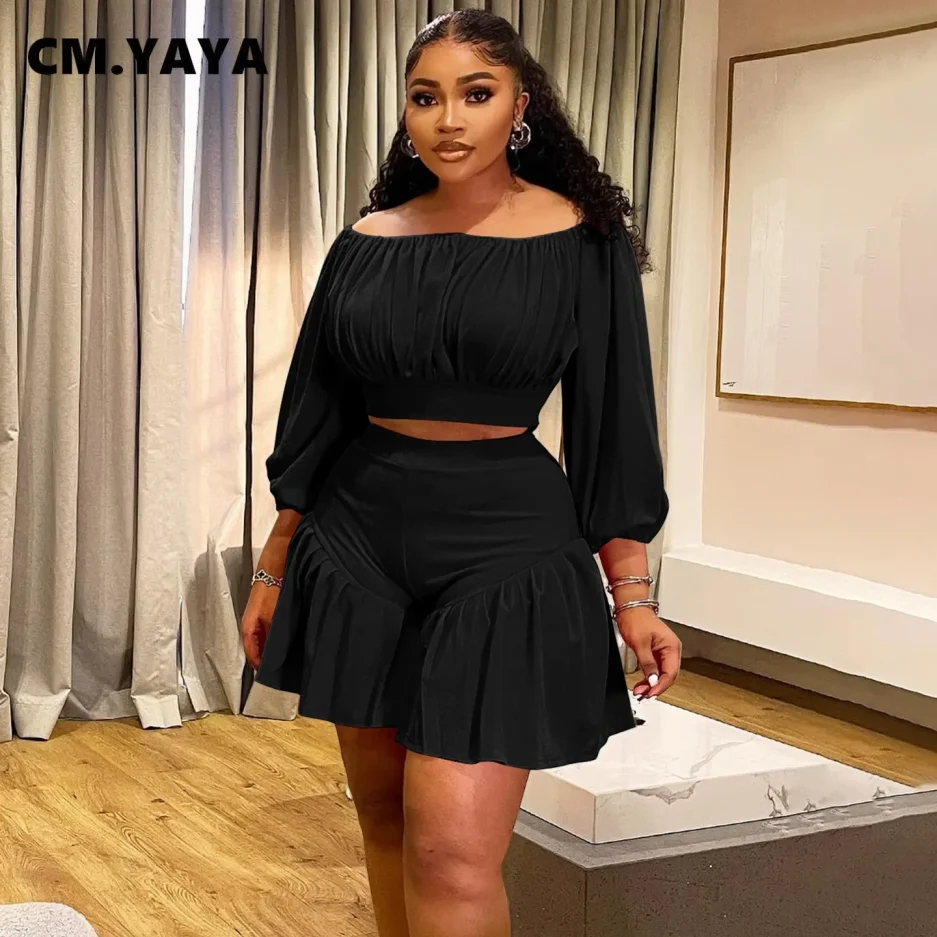 CM.YAYA Plus Size Women's Set Long Sleeve Slash Neck T-Shirt and Shorts 2025 Summer Ruched Two 2 Piece Set Outfits Tracksuit - Image 3