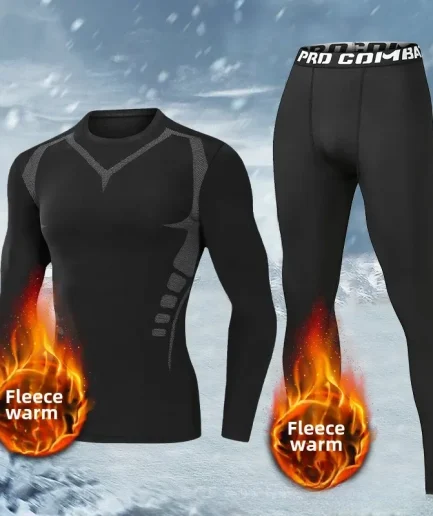 Men's Thermal Plush Base Layer Set Winter Thickened Running Trainning Quick Drying Clothes Fitness Tight Sports Men's Sweats Set