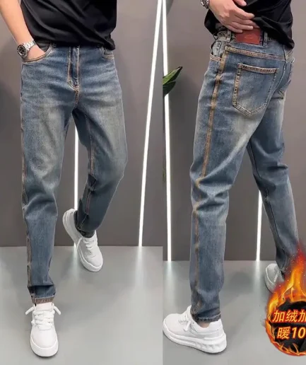 Spring Autumn Korean Style Clothes Men's Slim Pencil Pants Casual Jeans Stitching Luxury Designer Brushed Cowboy Pants for Men