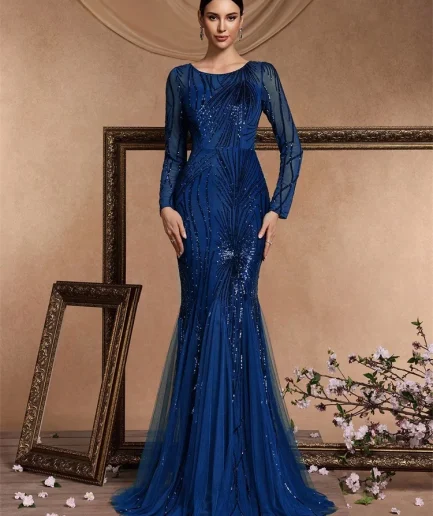 Elegant Long Sleeves Blue Sequins Evening Dresses 2025 Women Mermaid Formal Party Maxi Prom Dress Cocktail Graduation Gowns