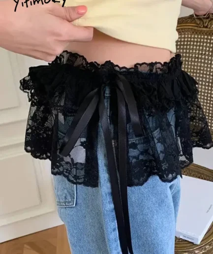 2025 Spring Summer Women Y2K Korean Lace Mini Layered Skirt Streetwear Lace Up Ruffles Harajuku High Waist Pleated Ladies Skirts