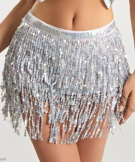 Sexy Women Belly Dance Hip Tutu Skirt Scarf Wrap Belt Glitter Sequins Tassel Hipscarf Skirt Sundress Costume Fringe Skirt Outfit