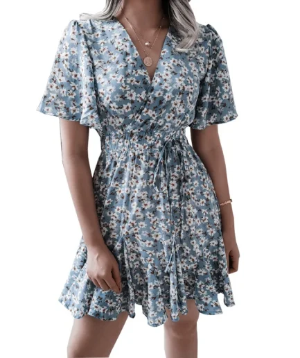 Summer 2024 new style women floral dress bubble sleeve French retro V-neck high-end chic design A-line skirt girls short dress