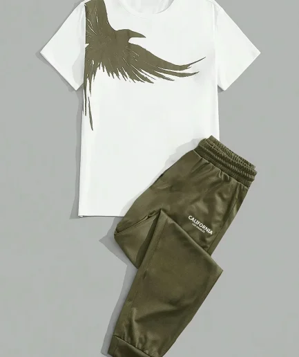 2024 Simple Casual Men's T-shirt Short-sleeved Suit And Pants Fashion Eagle Print Pattern Sports And Leisure Two-piece Set