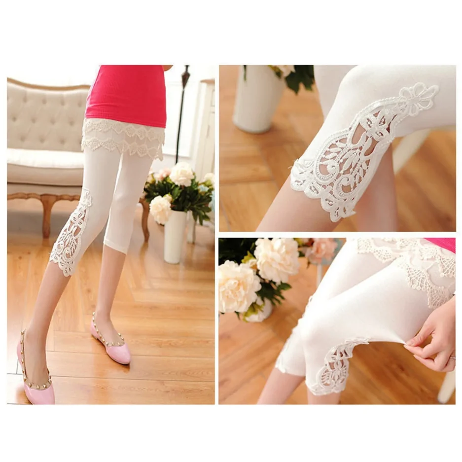 Female Slim Fitting Lace Outer Bottoming Seventh Trousers Casual Comfortable Breathable Black White Gray Summer Versatile Pants - Image 3