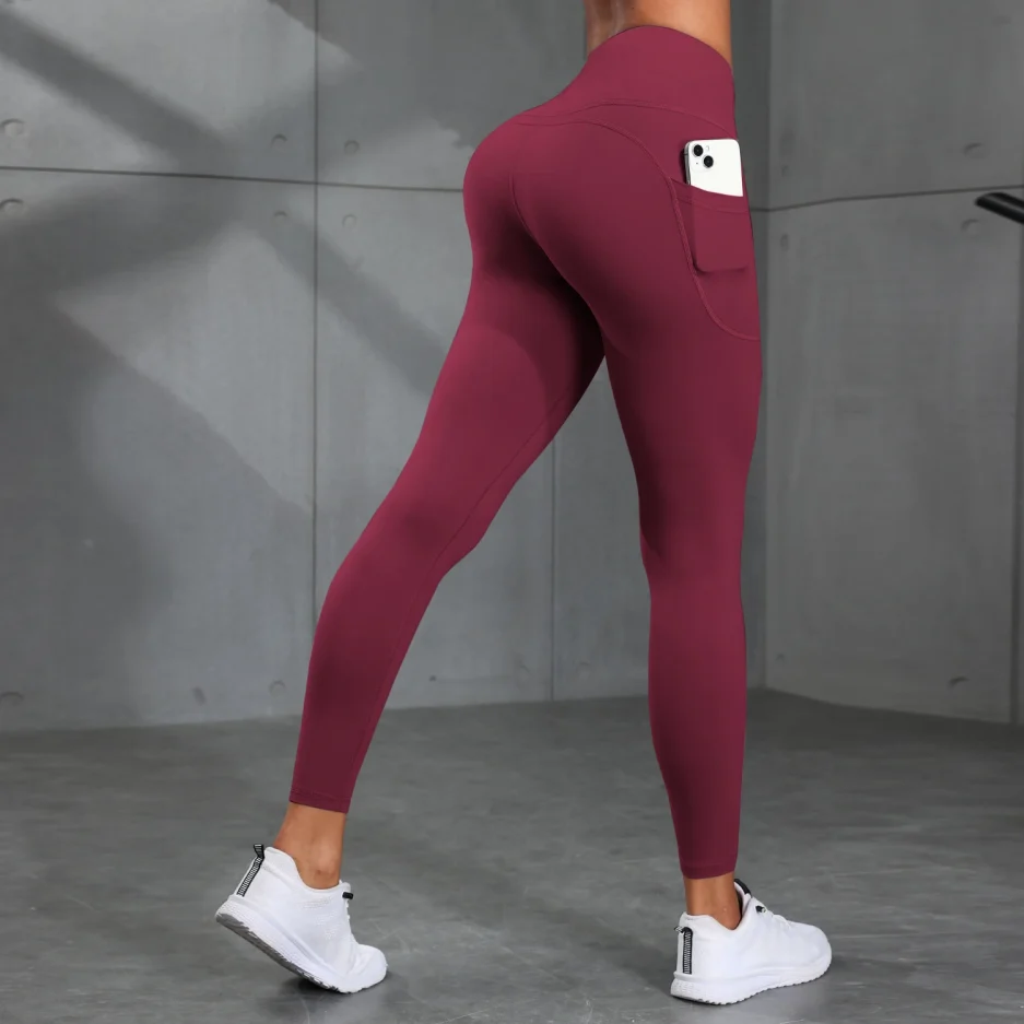 Women's High-Waisted Solid Color Yoga Pants With Pockets, Compression Leggings For Sports, Fitness, Running