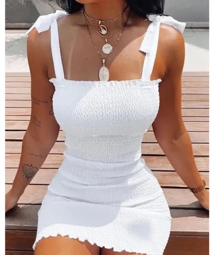 Trendy Solid Strap Short White Dresses Off Shoulder Sexy Skirt Pullover Sheath Mini Summer Beach Female Vest Dress