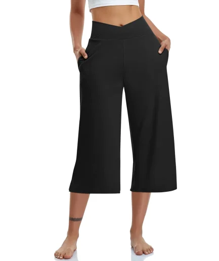 2024 Spring and Summer Women Elastic High Waist 3/4 Pant Solid Casual Active Fit Wide Capris Leg Pants Trousers With Pockets
