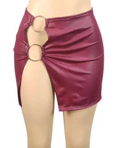 PU Imitation Leather Metal Ring Side Split Mini Skirt Women High-waist Fittness Slim Skirts Vintage Bodycon Skirt Club Party