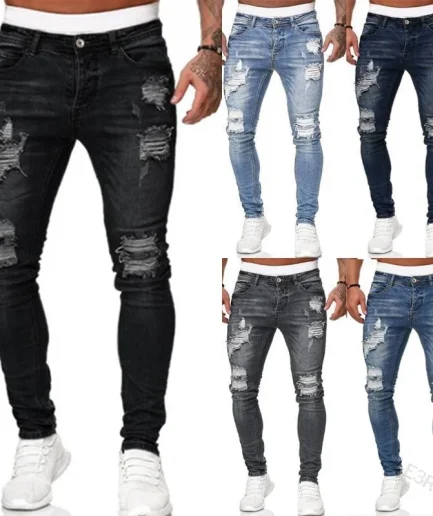 Fashion Street Style Ripped Skinny Jeans Men Vintage wash Solid Denim Trouser Mens Casual Slim fit pencil denim Pants hot sale