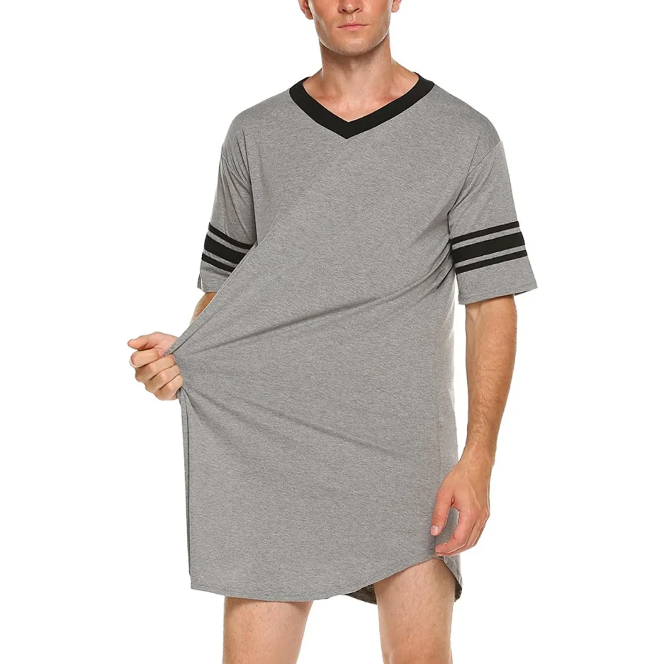 Men Cotton Nightshirt Short Sleeve V-neck Soft Loose Nightwear Comfortable Men Sleepwear Male Homewear Sleepshirts - Image 6