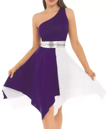 European and American New Modern Sleeveless Dance Dress, One Shoulder Asymmetrical Contrasting Performance Dance Dress for Women