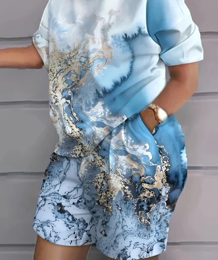 Plus Size 1XL-5XL Women's Fashion Two Piece Set of Printed Short Sleeved Shorts Women Casual Two Piece Set