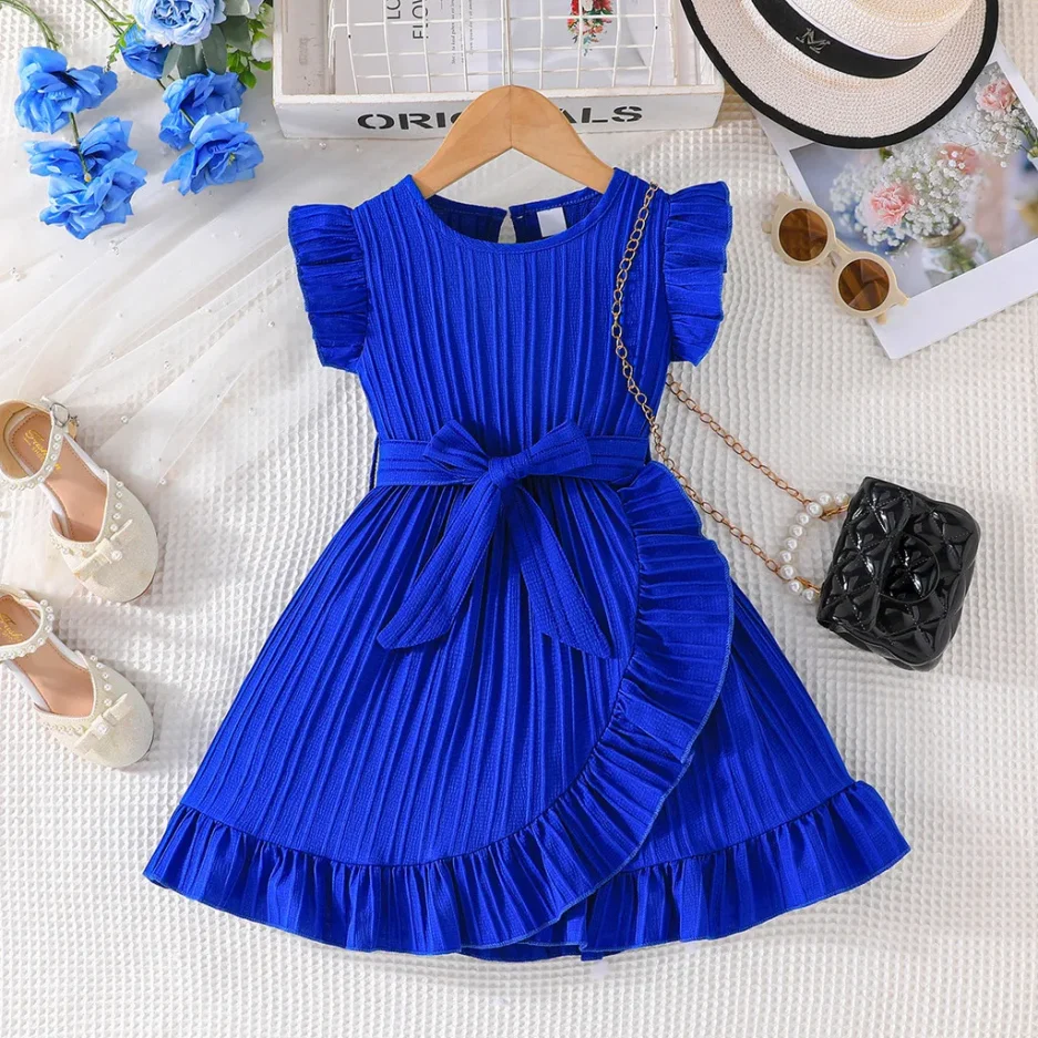 Summer Kids Dresses for Girls Ruffle Sleeve Birthday Party Clothes Solid Color Sweet Princess Dress Children Holiday Wear 3-8Yrs