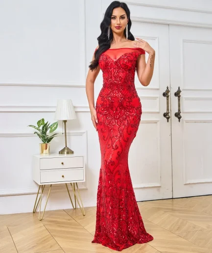 Elegant Lady Red Sequin Evening Dress Off-Shoulder Mermaid vestidos de noche formal occasion prom Glamorous Women's Fashion