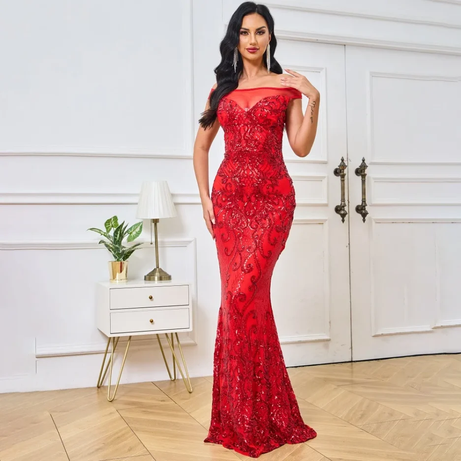Elegant Lady Red Sequin Evening Dress Off-Shoulder Mermaid vestidos de noche formal occasion prom Glamorous Women's Fashion