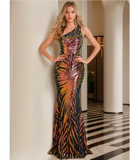 Romagic One Shoulder Sleeveless Cocktail Prom Dress Shiny Sequined Stretchy Evening Party Gown Long Women Dresses Fashion