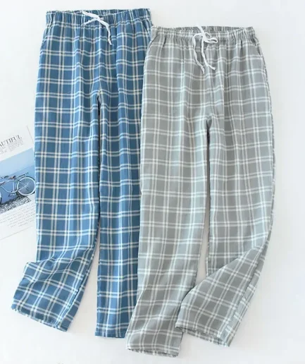 Men's Cotton Gauze Trousers Plaid Knitted Sleep Pants Woman Pajamas Pants Bottoms Sleepwear Short for Couples Pijama Hombre