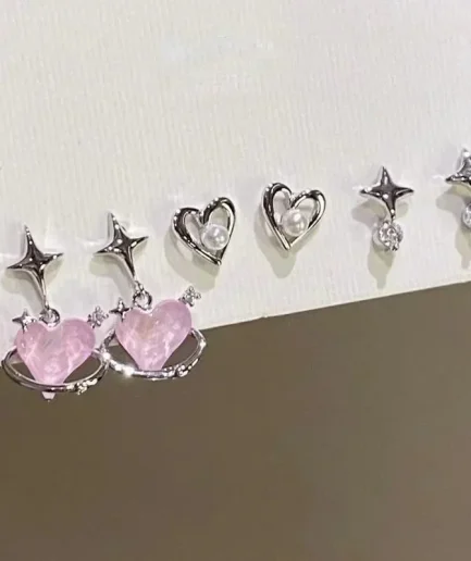 6Pcs/Set Heart Stud Earrings Women's Personality Korean Fashion Y2K Pink Crystal Temperament Star Earrings Piercing for Ears
