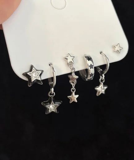 6pcs Set Earring Silver Color Star Dangle Earrings Vintage Metal Geometric Drop Earring for Women Fashion Trendy Y2K Jewelry