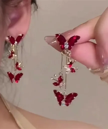 Elegant Red Zircon Butterfly Drop Earrings for Women Temperament Sweet Metal Bow Earrings Fashion Girl Jewelry Accessories