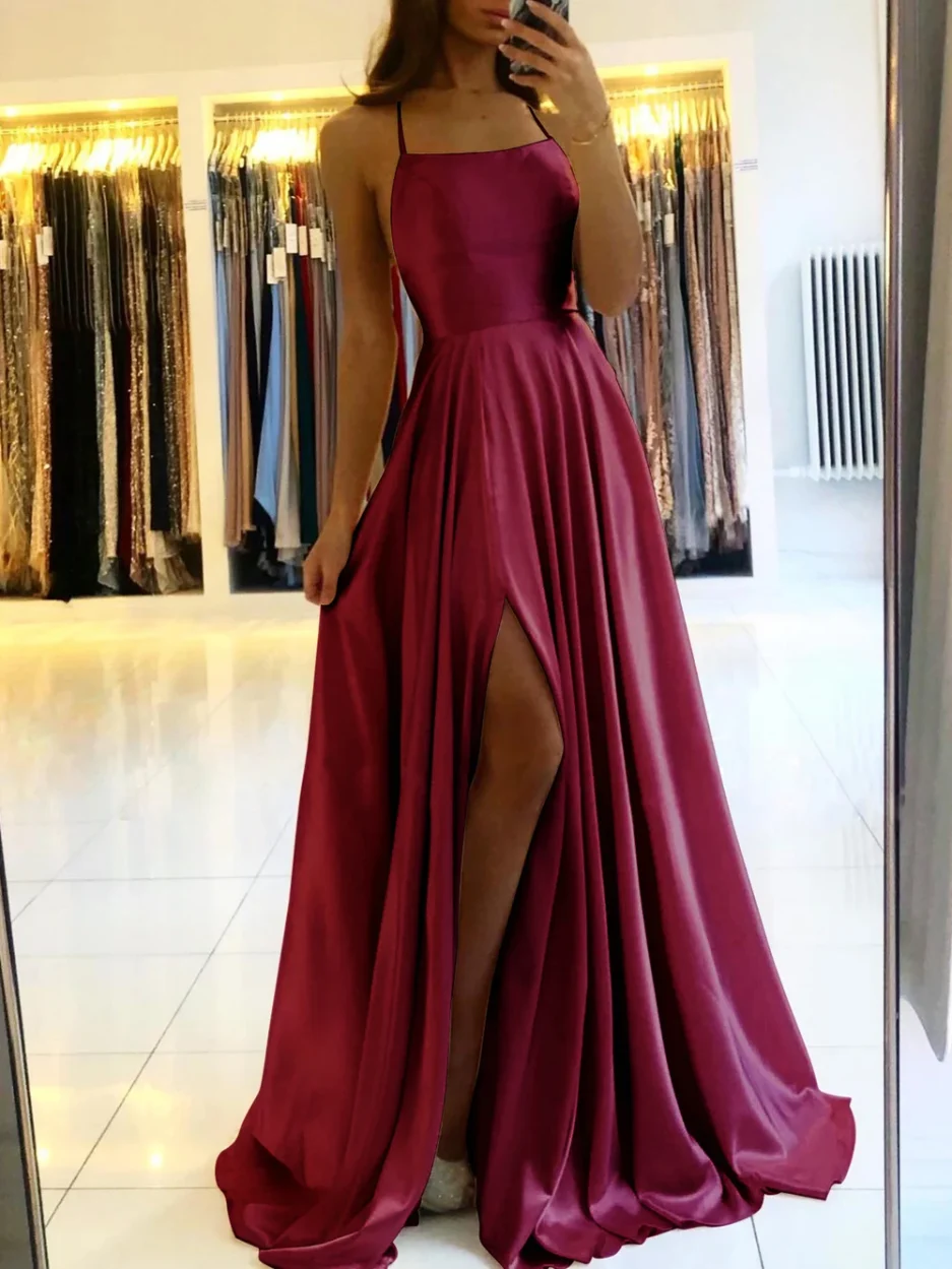 2024 Simple Spaghetti Straps Sexy Slit Ladies Blue A-line Long Satin Evening Dresses For Women Wedding Prom Party Gowns Vestidos - Image 6