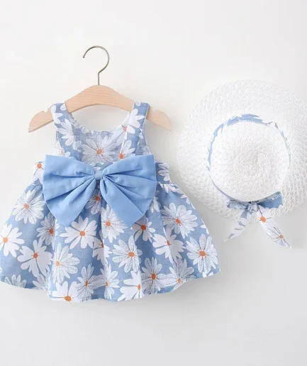 Summer Newborn Baby Clothes Toddler Girl Clothes Cotton Beach Suspender Dress+Sun Hat Princess Dresses2 Pcs