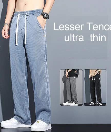 2024 Spring/Summer New Soft Lyocell Fabric Men's Jeans Thin Loose Straight Leg PantsDrawstring Elastic Waist Korean casual pants