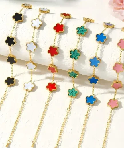 Stainless Steel Bracelet Double Sided Five Leaf Petals Flower Gold Plated Clover Women Fashion Jewelry