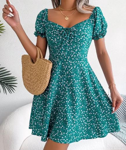 Women Casual Ruffles Short Sleeve Floral Print A Line Dress