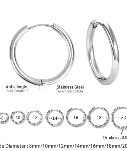 2Pcs Small Hoop Earrings for Women Men, Silver Color Stainles Steel Round Circle Pendientes Mujer 2023 Hypoallergeic