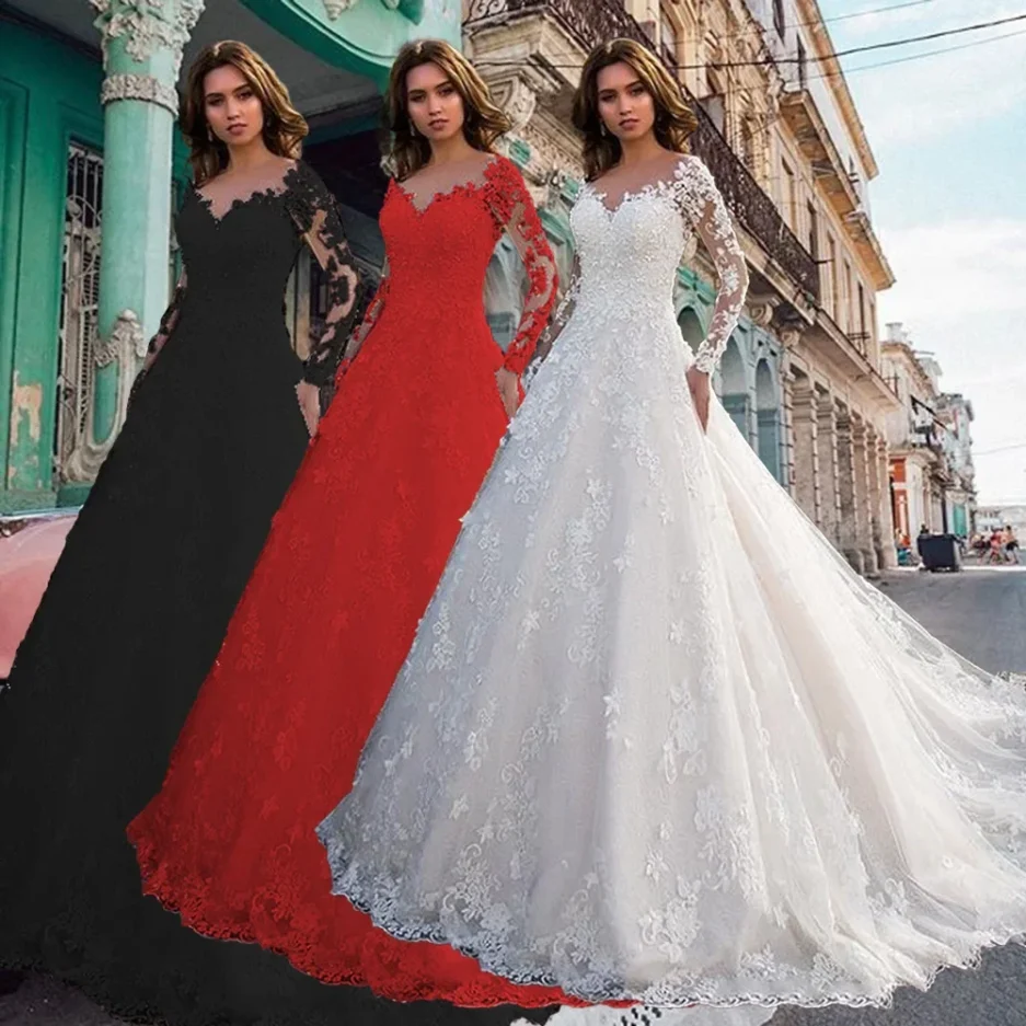 2024 New Women's Clothing Amazon Dress Long Sleeve Solid Color Lace New Bride Wedding Gown European American Style - Image 2