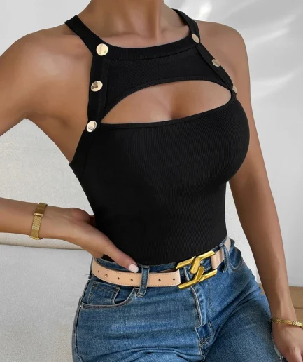 Plus Size 2025 Summer New Front Cutout Contrast Mesh Button Detail Vest Pure Colour Summer Best Choice
