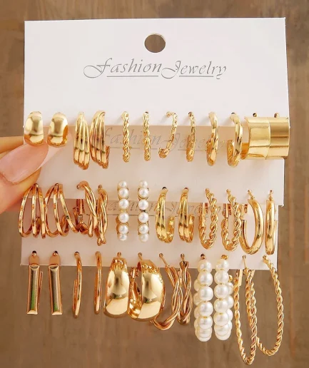 Boho Big Circle Hoop Earring Set for Women, Gold Color Bohemia Vintage Pearl Earring, Heart Zircon Ear Studs Jewelry Gifts