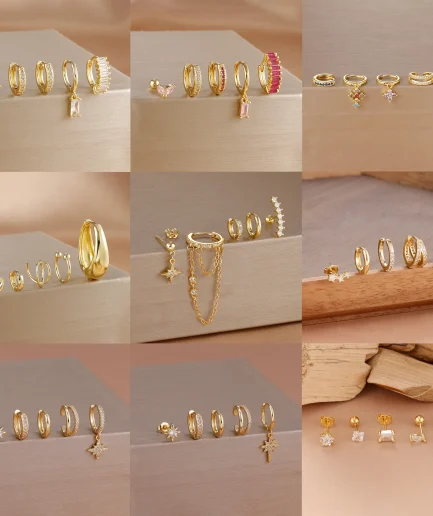 5PCS Stainless Steel Geometry Huggie Hoop Earrings Set For Women Daily Wear Gold Color Zircon Earring Piercing Jewelry Gift