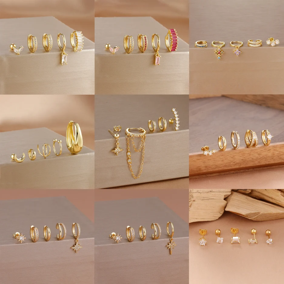 5PCS Stainless Steel Geometry Huggie Hoop Earrings Set For Women Daily Wear Gold Color Zircon Earring Piercing Jewelry Gift