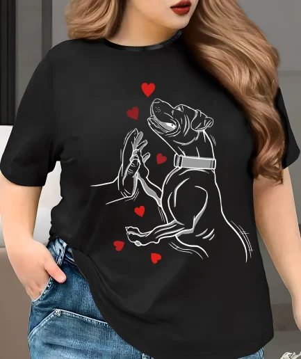Plus - Size Women's Black Short - Sleeve T - shirt, Human & Dog High - five Print, Warm & Pet - loving