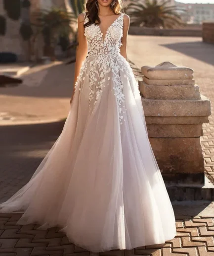 New Style European And American Women's Clothing Sexy Lace Dress Sleeveless Deep V Neck Wedding Dress Embroidered Long Dress