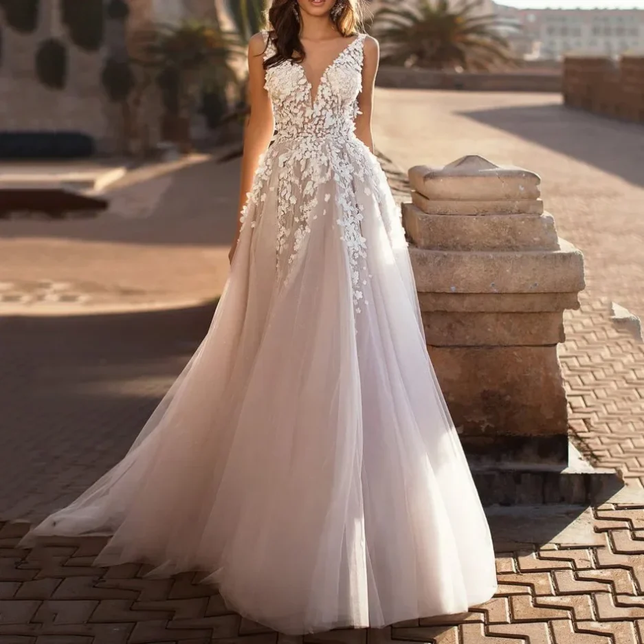 New Style European And American Women's Clothing Sexy Lace Dress Sleeveless Deep V Neck Wedding Dress Embroidered Long Dress
