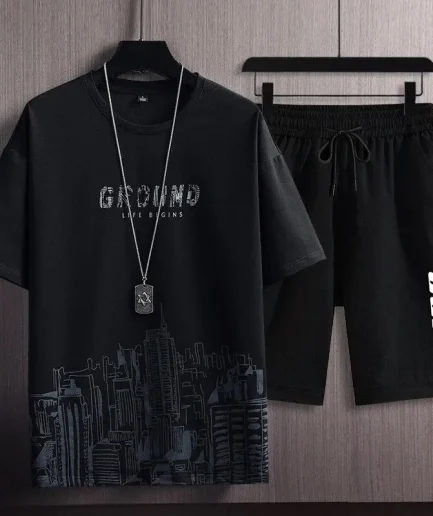 Summer Men's Casual Sports Suit City Printed Sports Outdoor Jogging Sweatshirt Sweatpants Breathable Quick Drying 2 Piece Suit