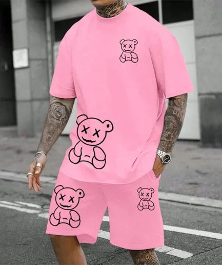 2024 Fun Bear Harajuku T-Shirt Men's Summer Loose Daily Couple Suit Outdoor Street Short Sleeve Shorts Two Piece Men Summer Suit
