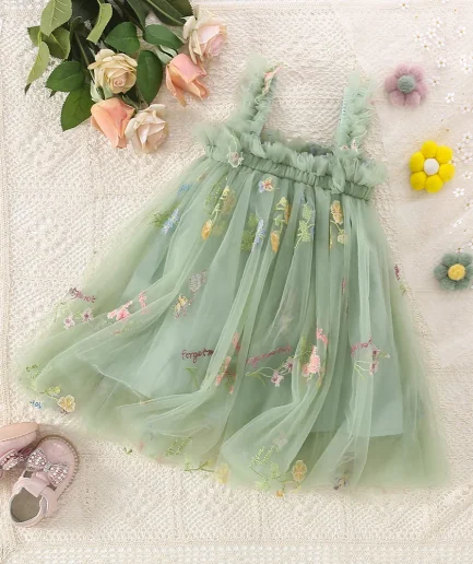 Cute Toddler Girls Mesh Suspenders Bow Dress Fuffy Tulle Tutu Princess Dress Summer Baby Girls Embroidery Flower Casual Wear