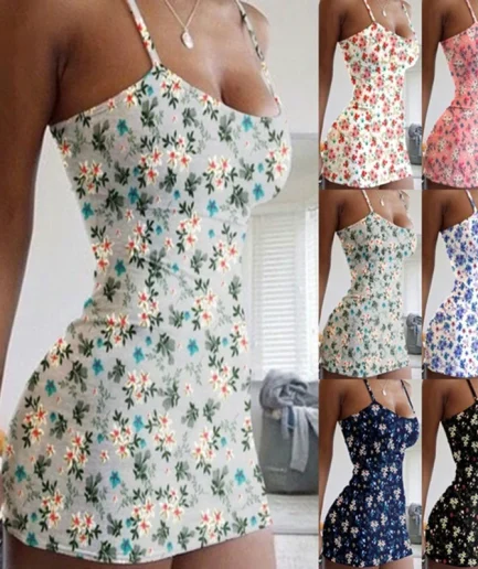 Plus Size Dresses Summer New Print Backless Slip Dress Women's Sexy Slim Floral Dress Mini Dresses Package Buttocks Short Skirt