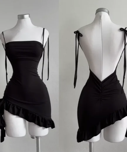 Sleeveless Backless Ruffles Mini Dress Women Summer Y2K Lace Up Black Bodycon Dresses Party Club Streetwear 2025 New Sundress