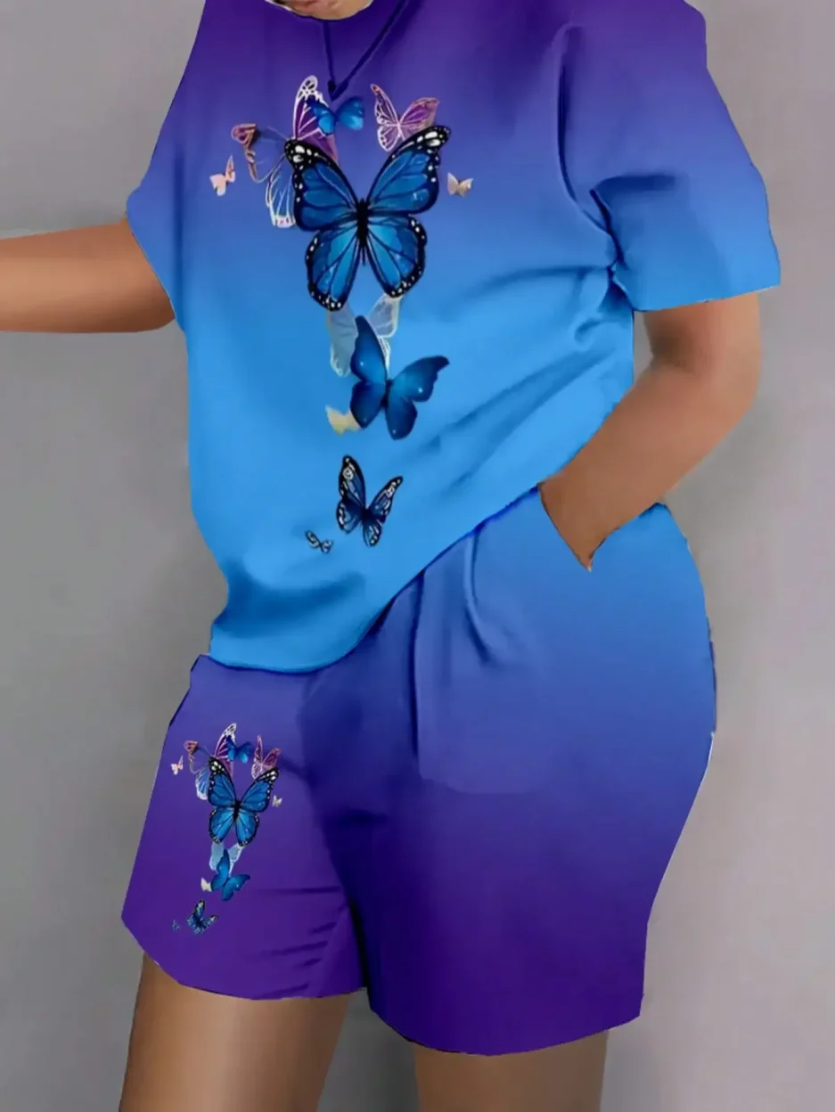 Plus Size 1XL-5XL Women Casual Colorful Abstract Print Pajama Set Short Sleeve Round Neck T-Shirt & Shorts Summer Loungewear
