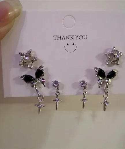 6pcs/Set Goth Black Butterfly Crystal Star Earring Set Women Girl Vintage Aesthetic Heart Stud Earring Y2K Jewelry Accessories