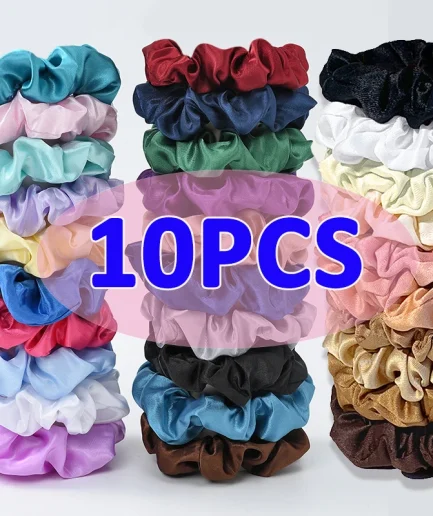10pcs/pack Women Colorful Satin Silk Scrunchies Elastic Hair Bands Solid Color Dot Hair Ties Ponytail Holder Hair Accessories