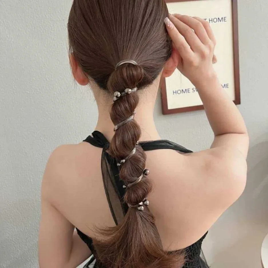 Pearl Spiral Telephone Wire Hair Band Elastic Hair Tie Portable Pearl Bubble Braid Headwear for Women Girl Hair Accessories