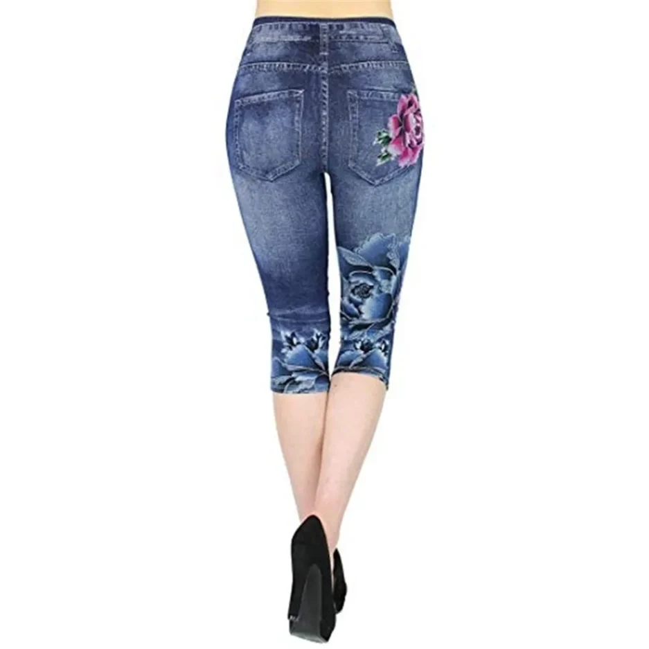 Women Plus Size Leggings Imitation Cropped Trousers 2025 New Mock Pocket Pants Slim Jeggings Denim Skinny - Image 4